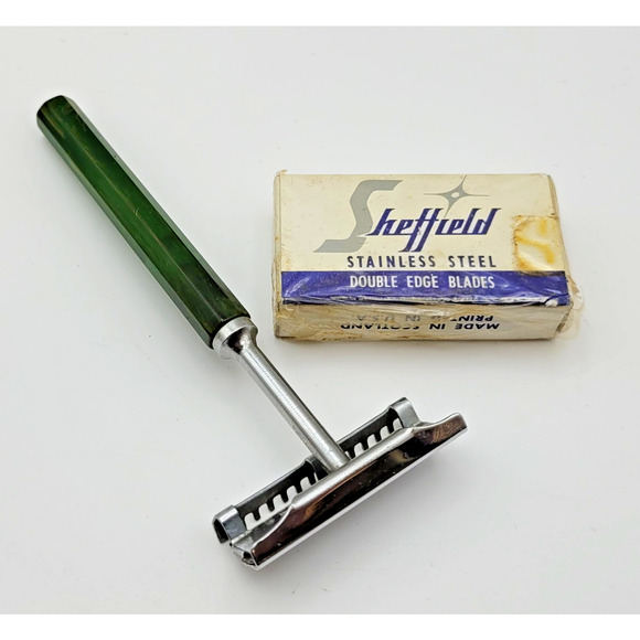 Vintage 1930s–1950s Keen Kutter Safety Razor Green Bakelite Handle Double Edge - Picture 1 of 16